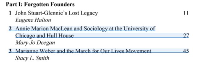 Close-up of the table of contents for part I: Forgotten Founders. Chapter 1 is "John Stuart-Glennie's Lost Legacy," by Eugene Halton. Chapter 2 is "Annie Marion MacLean and Sociology at the University of Chicago and Hull House" by Mary Jo Deegan, and Chapter 3, "Marianne Weber and the March for Our Lives Movement" by me, Stacy L. Smith.